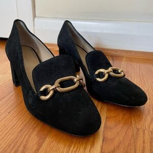 Ann Taylor - Suede Black Loafers with Gold Chain Accent